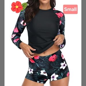 Floral Black Rash Guard Set Long Sleeve Shorts Hawaiian Flower Small